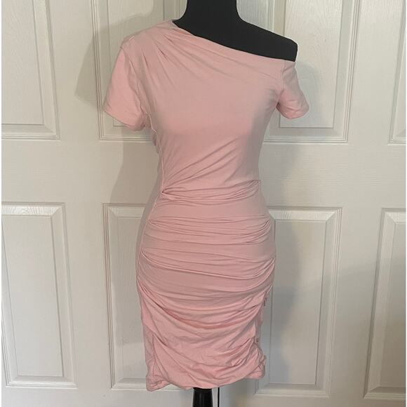 Y2K BeBe Light Pink Ruched Body-Con Off the Shoulder Dress - Picture 1 of 6